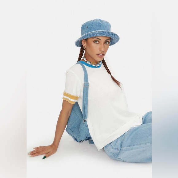 We the Free Lets Do This Ringer Tee Sporty Blue Yellow Crew Short Sleeve Retro S - Picture 4 of 11